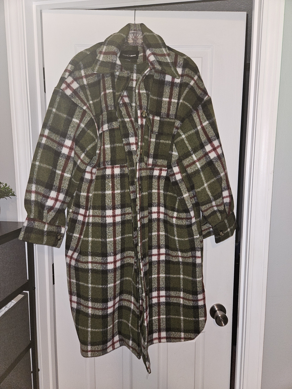 Olive Plaid Women's Long Shacket Jacket